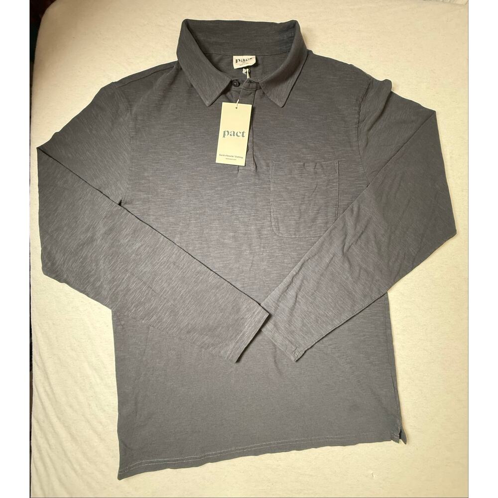 Pact Organic Cotton Men’s Field Gray Slub Long Sleeve Polo Shirt
Size M 
NWT